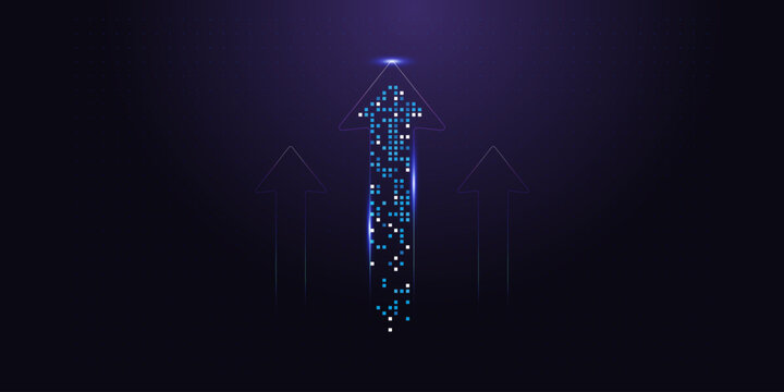 A central digital arrow composed of pixels surges upward, symbolizing the data-driven growth of modern business. and Three arrows pointing upward represent the increasing momentum