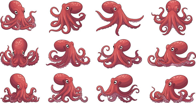 Set of cute ocean octopus vector illustrations in various underwater swimming positions for marine wildlife design elementsSet of cute ocean octopus vector illustrations in various underwater swimming