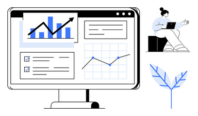 Obraz premium Data analysis, business growth, productivity tools, digital strategy, reporting tools, remote work. Graphs, bar charts and checklists on a screen with a person working on a laptop. Data analysis