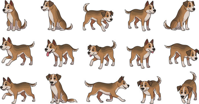 Set of cute puppy dog vector illustrations in various walking and sitting positions for domestic pet design elementsSet of cute puppy dog vector illustrations in various walking and sitting positions 