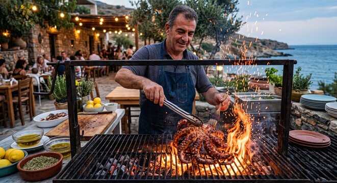 Professional chef grilling large pieces of meat over an open fire pit at an outdoor restaurant during sunset.
