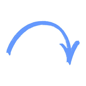 Inverted U-turn blue chalk arrow icon with downward direction and textured charcoal finish. Hand drawn navigation pointer for creative branding and artistic instructional graphics.