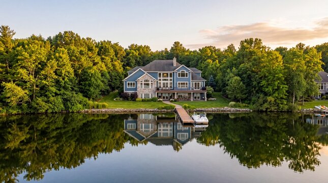 A large blue house with a dock and boat on a serene lake surrounded by trees