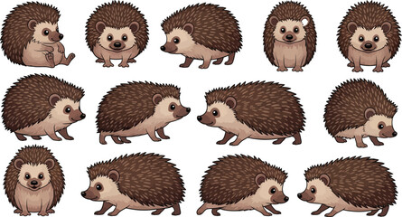 Set of cutrawling and standing positions for forest wildlife design elementsSet of cute prickly hedgehog vector illustrations in various crawling and standing positions for forest wildlife design elem © Snowar