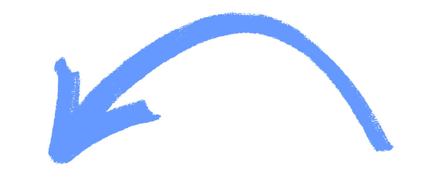 Broad curved blue chalk arrow icon with thick texture and hand drawn finish. Large pointer element for creative street art designs and modern urban branding.