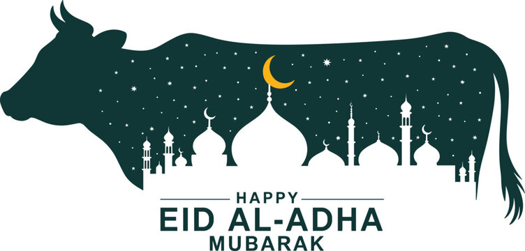 Silhouette of a cow with stars and moon over mosque domes and text Happy Eid Al Adha Mubarak Eid Mubarak