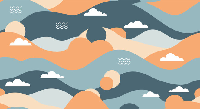 Modern abstract seamless pattern featuring rolling hills, stylized clouds, waves, and suns in a muted earthy color palette.