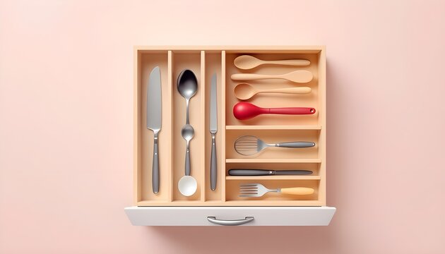 Neatly organized kitchen drawer with various cutlery including knives spoons and forks in a wooden divider against a soft pink background.