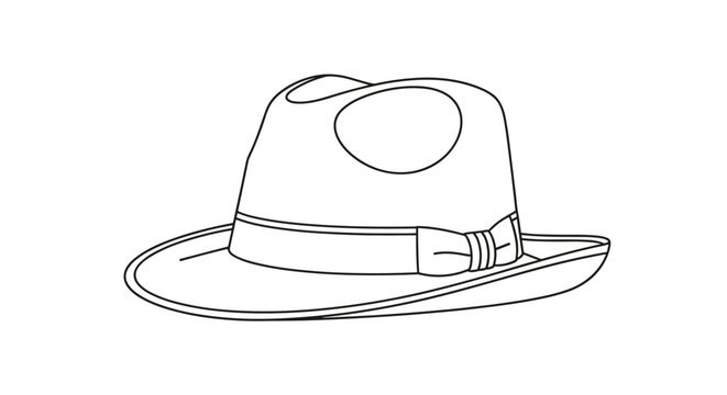 Classic black and white line art drawing of a stylish fedora hat featuring a matching band and a small bow detail.