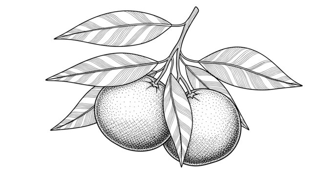 Detailed monochrome etched drawing of two ripe oranges still attached to a branch with multiple textured leaves.