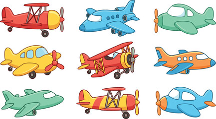 Cute cartoon airplane vector illustration collection set featuring colorful toy aircraft biplanes and passenger jets isolated on white background. © MdShakib