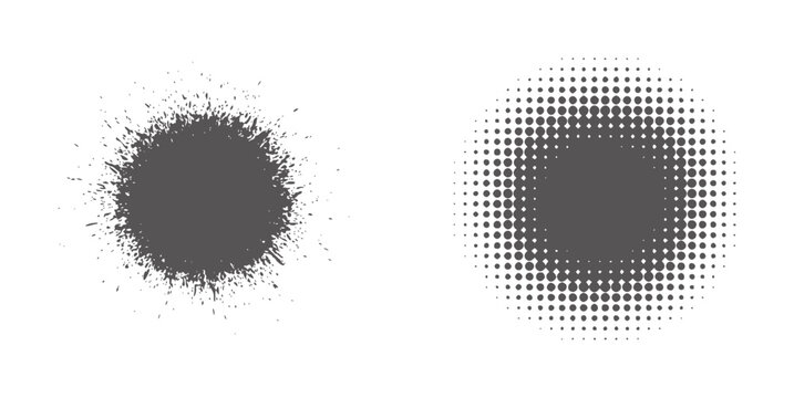 Dark gray ink splatter and halftone dot circle white abstract paint splash