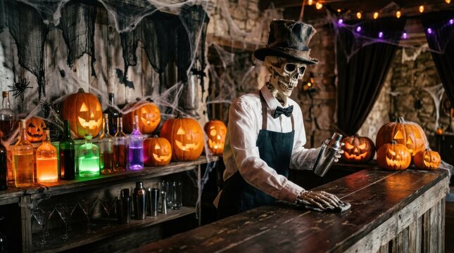 Skeleton bartender leaning on counter in candlelit Halloween bar. Halloween nightlife concept.