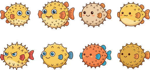 Cute cartoon pufferfish vector illustration collection set featuring friendly yellow and orange blowfish characters with spikes isolated on white background. © MdShakib
