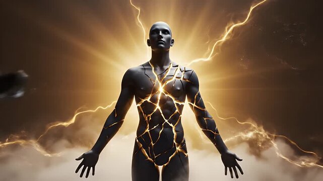 Black Shattered Male human with Golden Lightning Energy , man ,superhero, hero energy,chacra