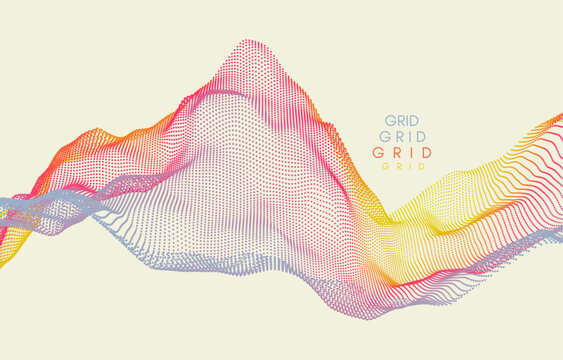 Grid. Dynamic particle flow. Abstract landscape background. Structure with soft color transitions. Color gradient. Graphic design. Vector for brochure, poster, cover, card, presentation, flyer, banner