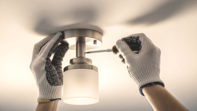 Close-up of male workers hands on ceiling installing modern light with screwdriver, concept of electrical work, home renovation, lighting installation and interior improvement.