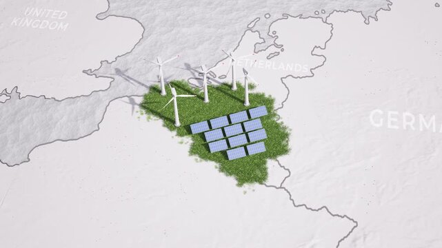Animated map of Belgium showing wind turbines and solar panels emerging from the green ground. 3D animation.