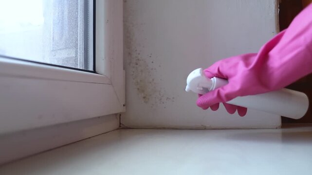 Person in pink gloves cleaning mold on window sill and walls using antifungal spray. Removing toxic black mold and mildew from window frame and plaster. Home maintenance and hygiene.