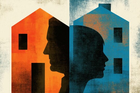Divorce and property division conceptual silhouettes with house symbols in a textured macro shot for legal and real estate marketing