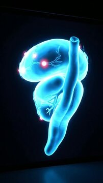 Futuristic Hologram Depicting Malfunctioning Pancreas With Glowing Nodes Against Solid Black Background