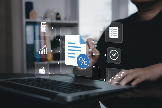 Tax document management concept with financial icons, checklist and analytics on virtual interface above laptop, representing tax compliance, accounting workflow and business reporting.