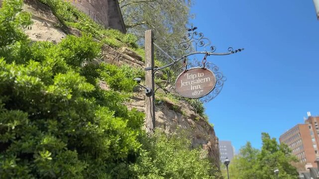 View of the Ye Olde Trip to Jerusalem sign outside Nottingham&rsquo;s oldest pub, located in Nottingham, Nottinghamshire, East Midlands, England. A historic British landmark.