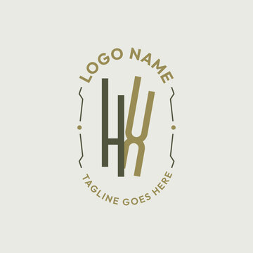 HX Letter Monogram Logo Design, Letter HX Logo Elegant Olive Green Gold Oval Badge Template