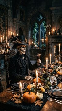 Skeleton aristocrat raising goblet at candlelit Halloween feast. Halloween gothic celebration concept.