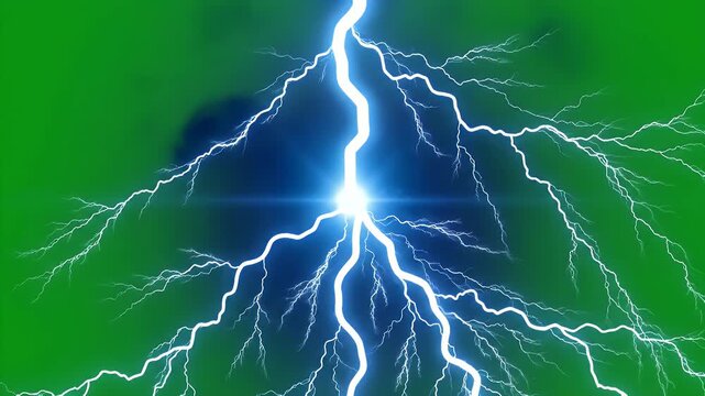 Bright Blue Glowing Lightning Bolts on Emerald Green Background