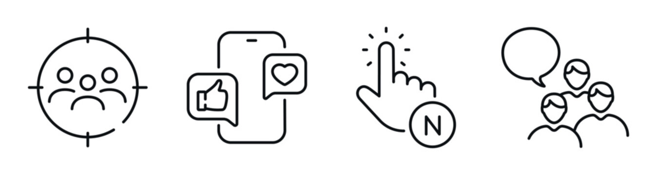 Engagement icons representing sentiment reactions tapping and chat. Editable stroke