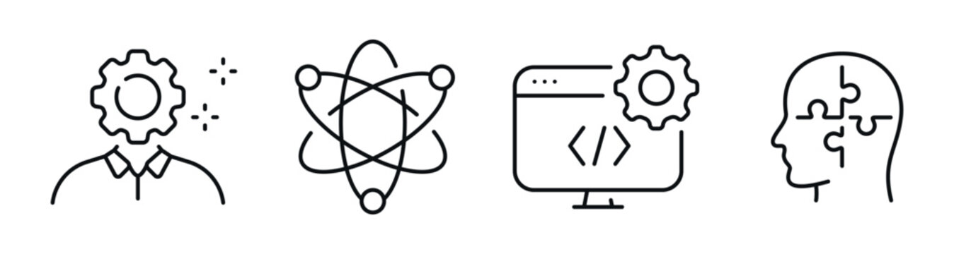Person thinking with gears atom and code in skill icons set. Editable stroke
