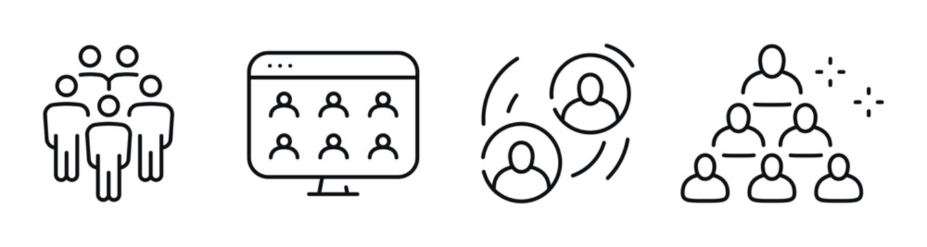 Team icons showing collaboration networking hierarchy in linear icons. Editable stroke