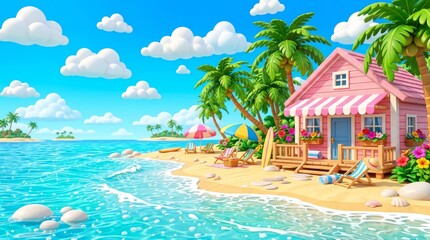 Fototapeta premium Stylized Tropical Beach Paradise with Pink Beach House