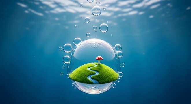 Vibrant miniature island ecosystem with a lone tree, encased in a clear water bubble, floating serenely underwater, symbolizing pure nature and life's delicate balance