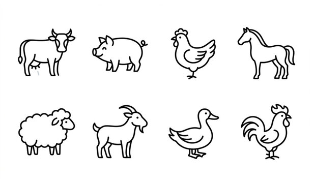 Farm animal monoline icon set minimalist livestock vector illustration isolated on white background
