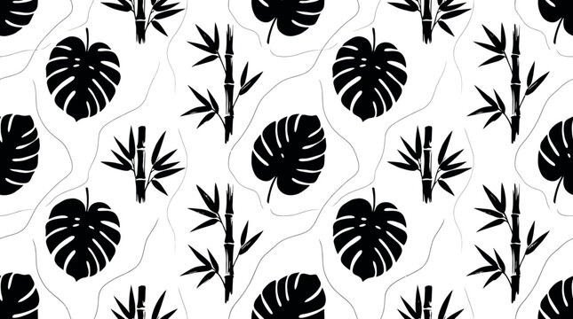 Monochrome tropical leaf pattern featuring bold monstera and palm silhouettes on white background for design and decor.