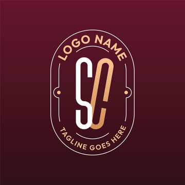 SC Letter Logo Monogram, Letter SC Logo Design Elegant Burgundy Rose Gold Oval Badge Template