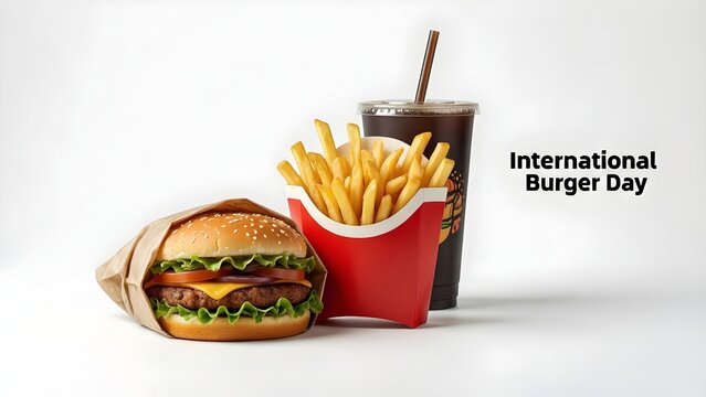 International Burger Day complete combo meal: Wrapped cheeseburger, french fries and soda drink