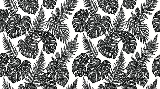 Monochrome Fern Leaf Pattern Seamless Texture for Design and Background.