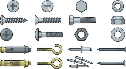 Metallic fasteners vector set with screws bolts nuts washers nails rivets anchors and eye hooks for construction repair hardware shop design elements © MdShakib
