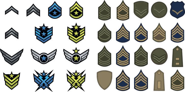 Military rank insignia vector set featuring army chevron patches, air force wings, shoulder boards, and tactical sergeant badges for armed forces design elements