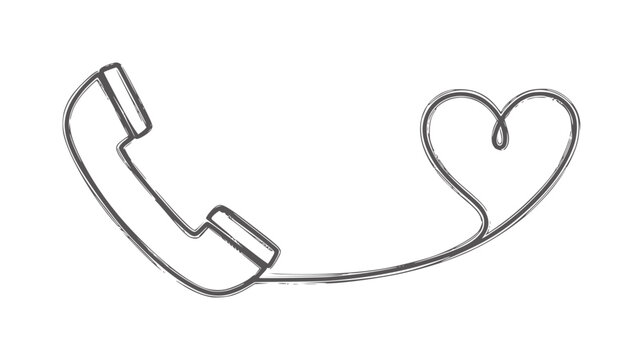 Hand drawn telephone receiver connected to a heart shape love connection