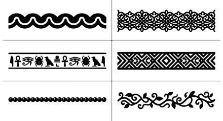 Decorative Borders and Ornaments Vector Set, Ornate Egyptian Hieroglyphs, Geometric Patterns, Floral Swirls, Black and White Design Elements for Graphic Design and Crafts © Tarek