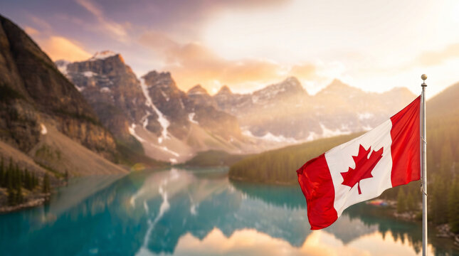 Canadian flag waving by Moraine Lake with mountains and sunrise  