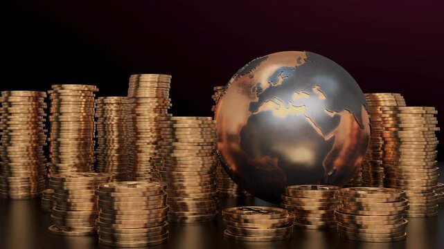 Gold coin stacks growing from zero around a rotating metallic globe in an animation on a dark background. Global trade reports, wealth management presentations, and economic growth concepts.