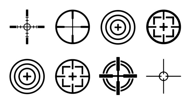 Diverse Crosshair and Target Icons Set, Precision Aiming Symbols, Sniper Scope Reticles, Vector Graphic Elements for Military, Gaming, and Accuracy Concepts