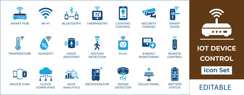 IOT device control icon set featuring smart home automation, wireless sensor, security camera, thermostat, voice assistant, cloud computing, and energy monitoring symbols.