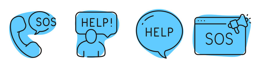 Help and support icons showing emergency contact and message alerts. Editable stroke © tutti_frutti