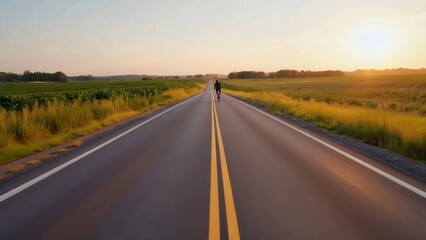 Naklejka premium Bicycle rider moving along a rural road at sunset, surrounded by fields and trees, captured in a slow tracking shot with wide angle lens and deep focus